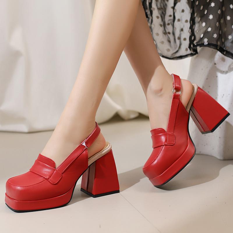 Women's High-heeled Sandals Spring and Summer New Waterproof Table Thick Heel Large Size Solid Color Bag Head Sandals
