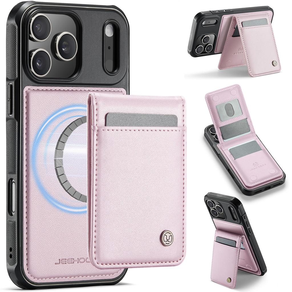 For iPhone 17 Pro Leather Back Cover JEEHOOD J06 Magnetic Phone Case with Card Bag RFID Blocking