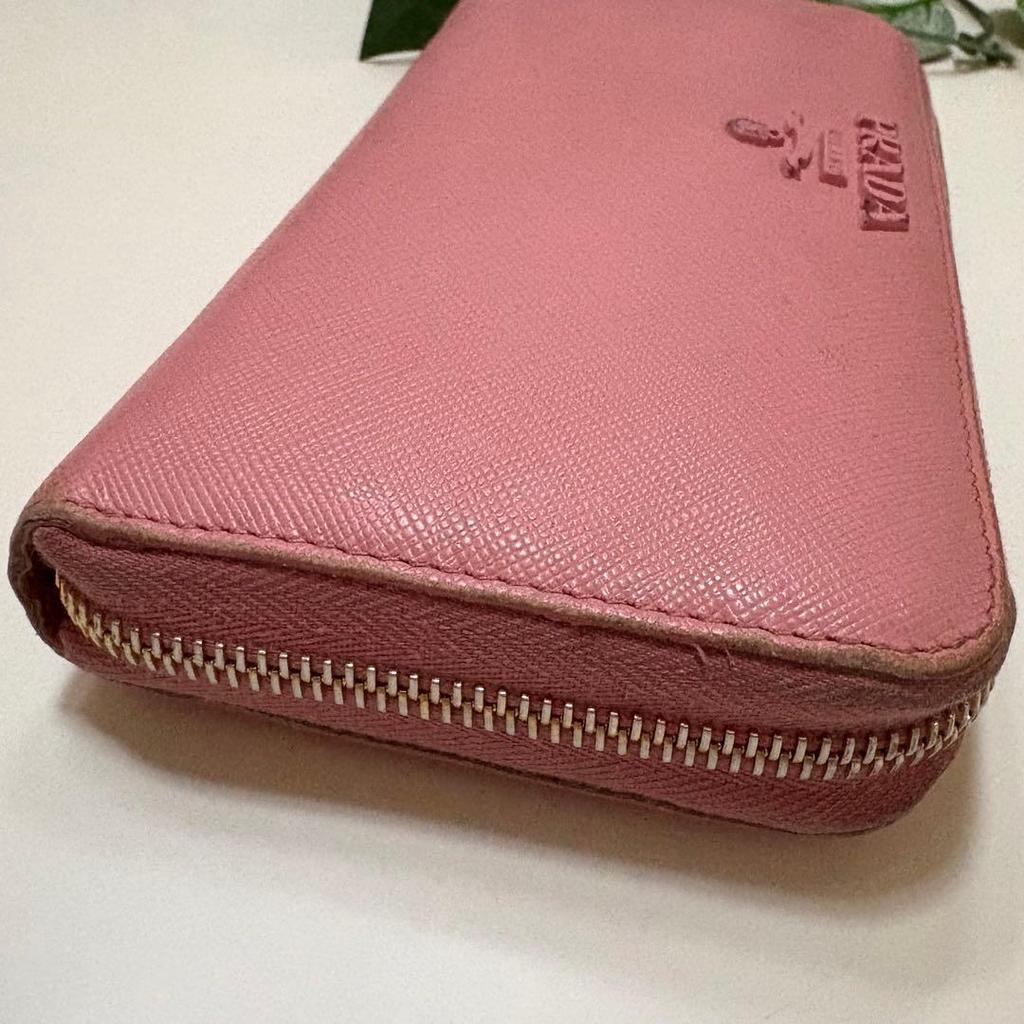 Used Prada Round Zipper Long Wallet Saffiano Logo Large Capacity Pink