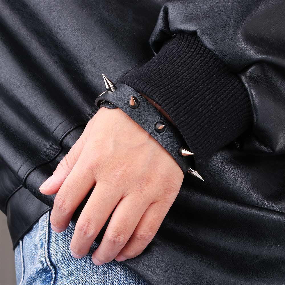 Серебряный женский браслет-манжета, металлический черный браслет с шипами, кожаный панк-манжет с заклепками
