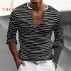 Осенне-весенний мужской топ с V-образным вырезом, полосатым принтом, цветной свитер с длинными рукавами, повседневная рабочая рубашка средней длины