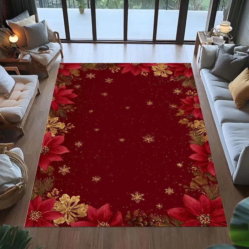 Christmas Rug, Red Poinsettia Rugs, Holiday Floral Mat, Festive Gold Snowflake Rug, Xmas Border Rug, Elegant Christmas Decor Rug