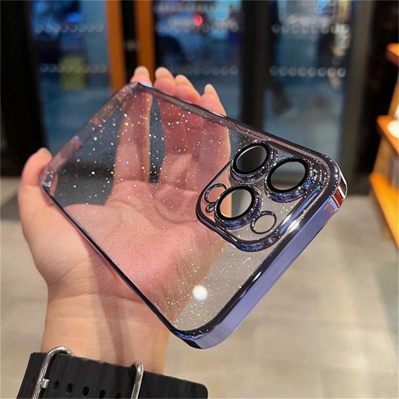 Luxury Plating Bling Glitter Bumper Clear Case For iPhone 16 15 14 13 12 11 Pro Max Shockproof Hard PC with Lens Protector Cover Funda