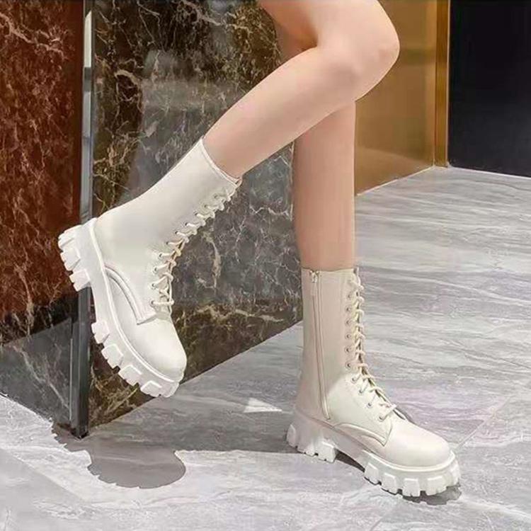 Mid Calf Boots Women Autumn Winter Fashion Lace-up Ladies Chelsea Zipper Boots Sports Platform Heel Ladies Shoes