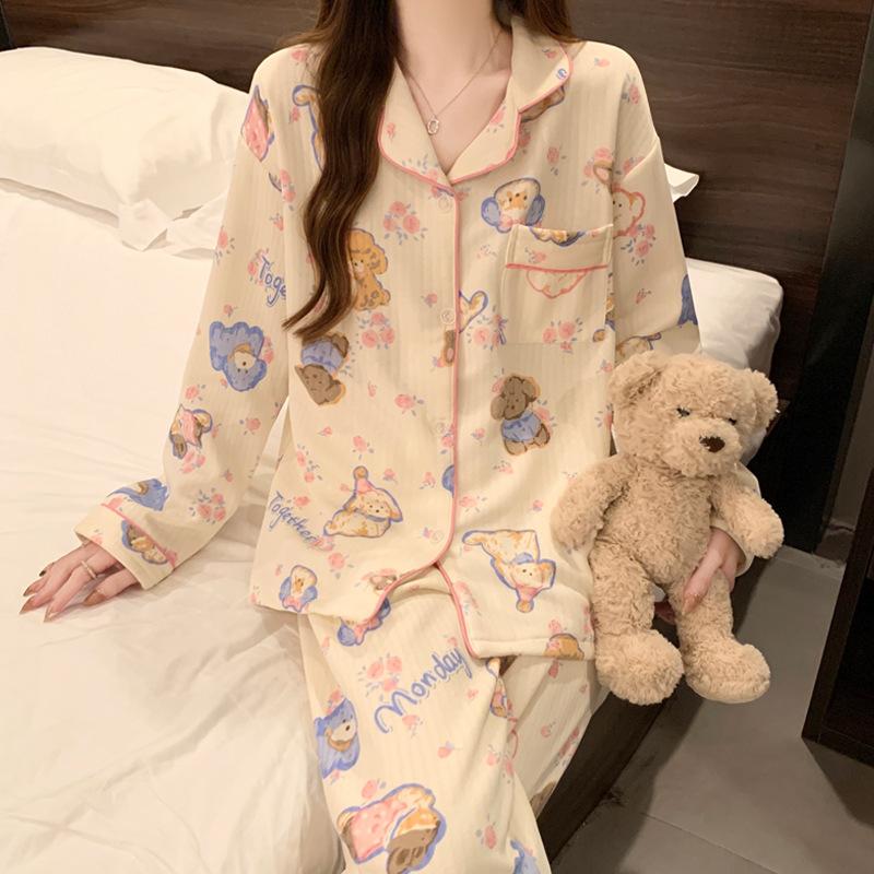 Осенне-зимняя женская пижама с рисунком, домашняя одежда, костюм для девочек, утолщенная, воздушная, хлопковая, студенческая, с длинными рукавами, домашняя одежда
