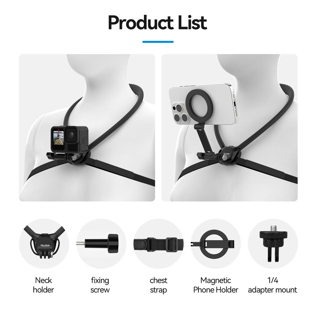TELESIN Phone Action Camera 2 in 1 Neck Hold Mount for GoPro Insta360 DJI OSMO Action Universal Action Camera Phone Accessories 2