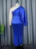AOMEI Blue Satin Sheath Dresses for Women One Shoulder Ruffles Long Sleeves Bodycon Celebrate Birthday Cocktail Event Party Long Outfits