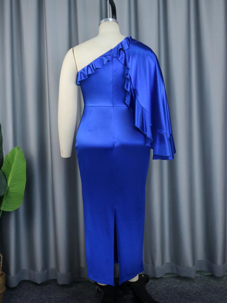 AOMEI Blue Satin Sheath Dresses for Women One Shoulder Ruffles Long Sleeves Bodycon Celebrate Birthday Cocktail Event Party Long Outfits