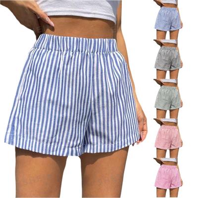 Женские Хлопковые Шорты в Полоску на Эластичной Талии Пижамные Низки Шорты для Отдыха и Сна с Карманами Летняя Одежда