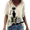 Summer V-neck 3D Cat Print Top Fashionable Casual Short Sleeved Women's T-shirts