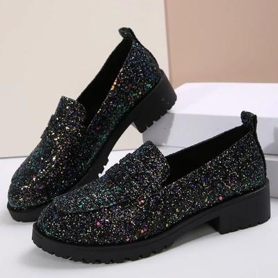 Женские туфли на толстом каблуке Осень Новые с круглым носком Глубокий вырез Ткань с пайетками Толстая подошва Противоскользящие Износостойкие Туфли с низким верхом