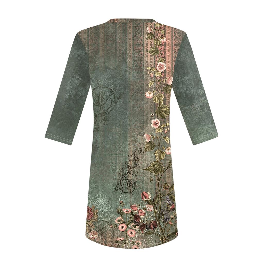 Womens Tops V-neck 3/4 Sleeve Blouses Casual Mid-length Shirts Fashion Print Tunic Tops With Pockets