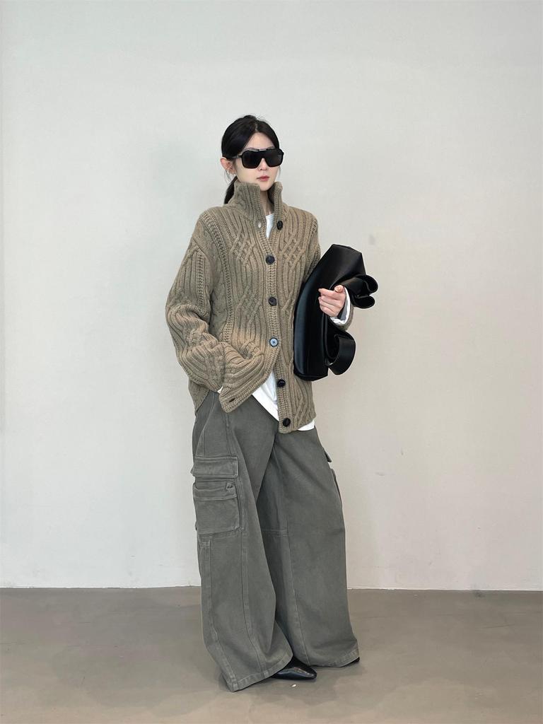 Southern Fish Merino Wool Stand Collar Cable Knit Cardigan