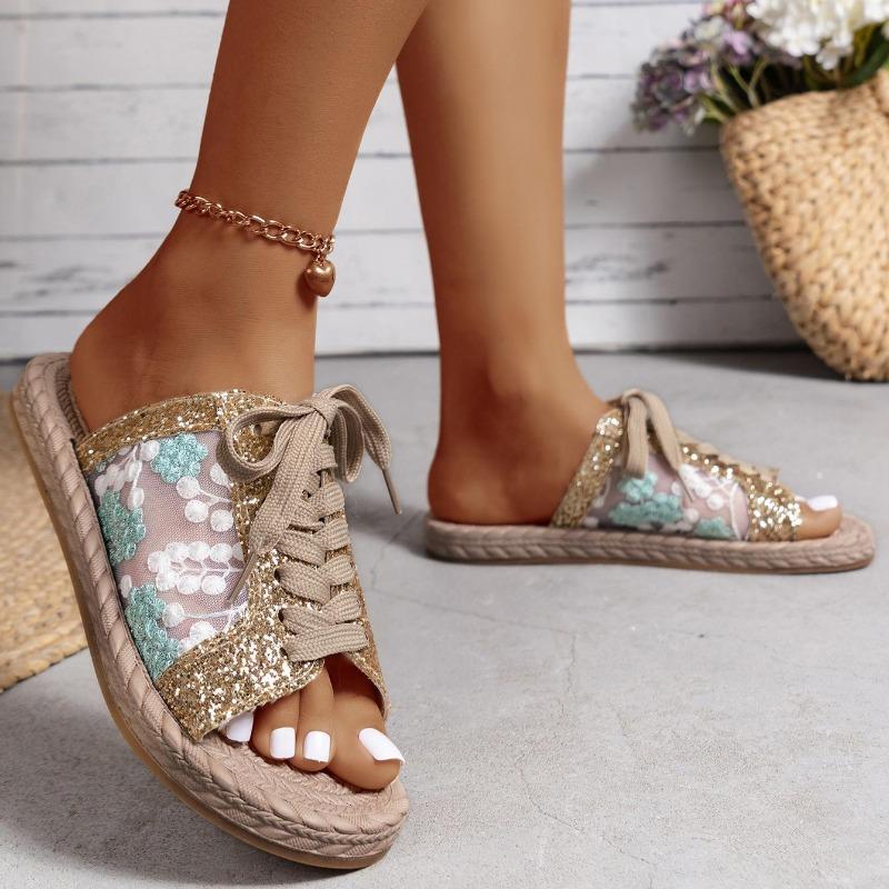 Женские повседневные тапочки на плоской подошве с вышивкой из пайеток и сеткой, универсальные летние пляжные сандалии со шнуровкой