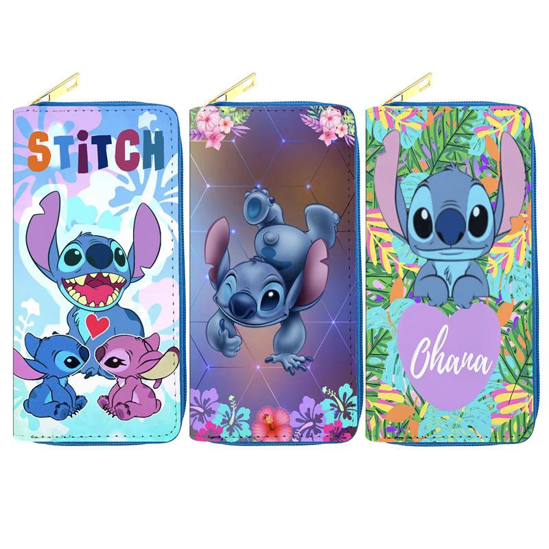 Stitch PU Leather Long Wallet Student Zip Coin Purse Anime Passport Holder Makeup Bag 3pcs