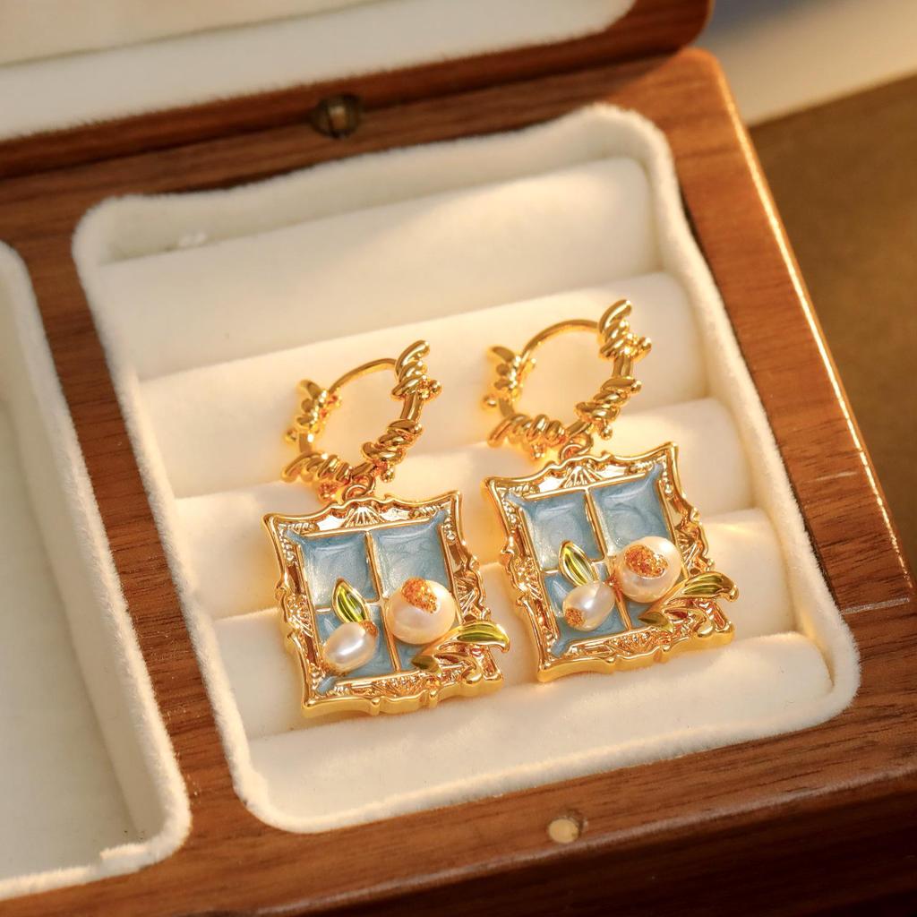 Оригинальные новые серьги с масляной эмалью в китайском стиле с жемчугом-клевером