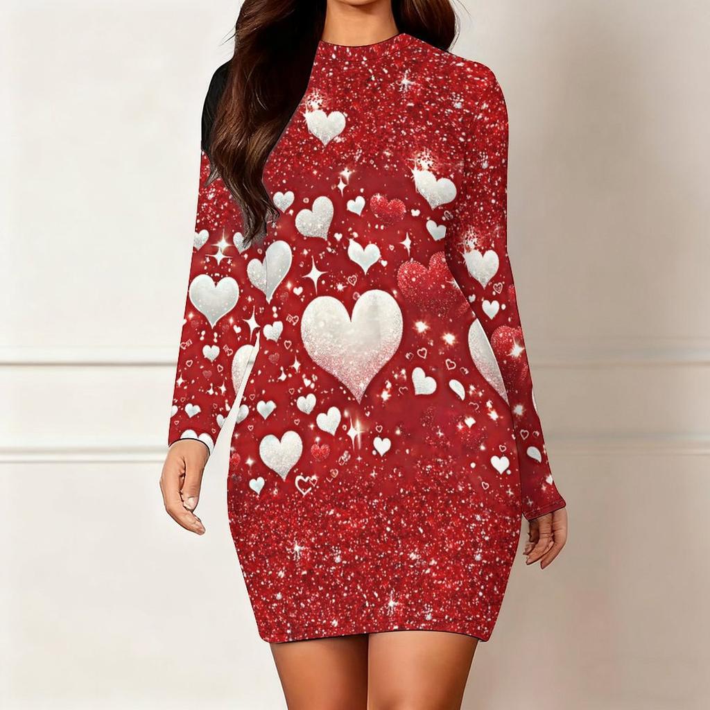 2025 Осень и Зима Новое 3D Принт с Любовным Узором и Окрашивание Женская Мода Платье с Длинным Рукавом и Круглым Вырезом, Облегающее Бедра Ограниченная Серия ко Дню Святого Валентина