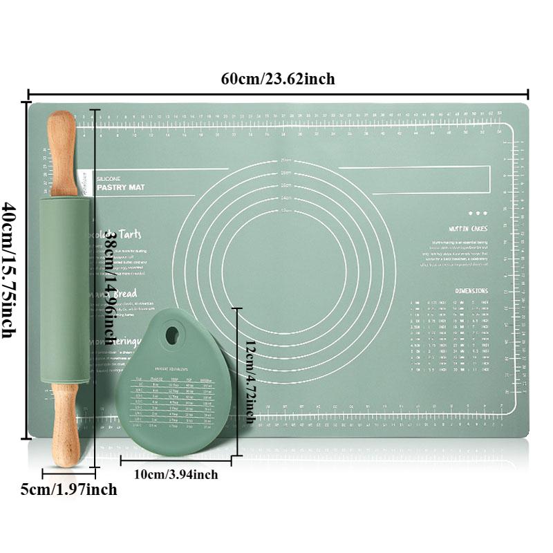 Silicone Measuring Kneading Pad Set Household Food Grade Rolling Pin Dough Pad Large Thick Non-slip Non-stick Bottom Baking Tool