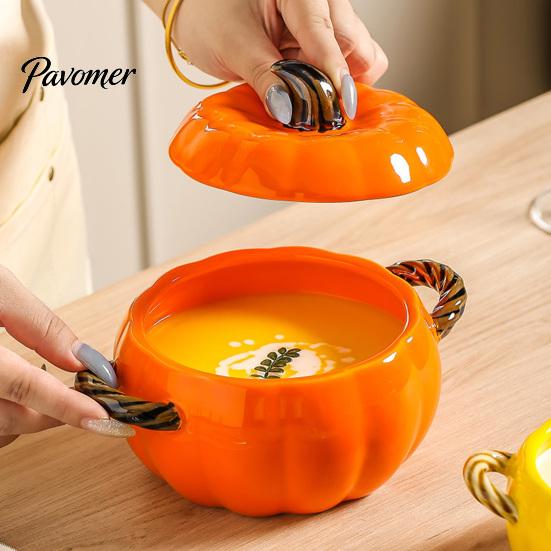 Прочная миска с двойной ручкой для тыквенного супа с крышкой и ручкой, безопасная для микроволновой печи, декоративная, термостойкая, десертная чашка, керамическая миска, горшок для тушения