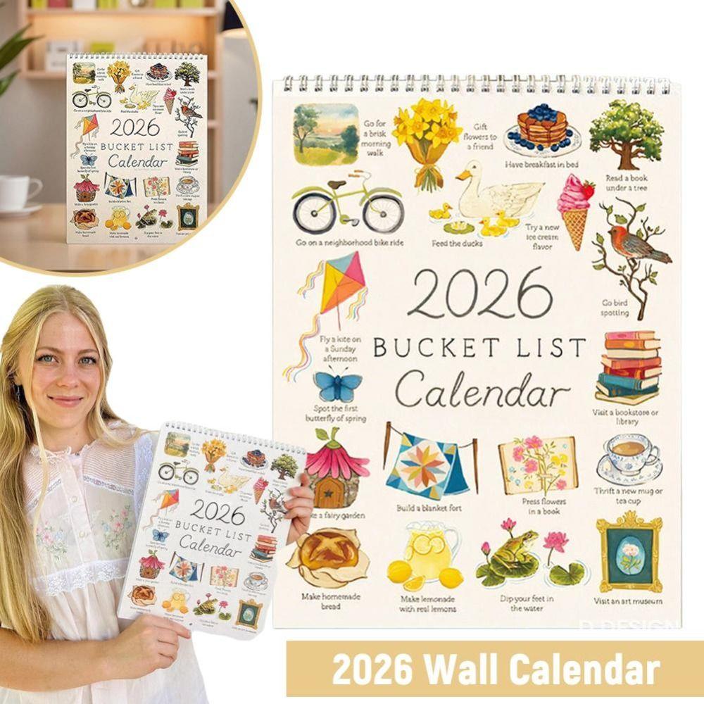Simple Style Bucket List Calendar Notes Planning Colorful 2026 Wall Calendar Wish list Cartoon Pattern Desktop Calendar Gifts