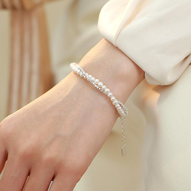 Fashion 925 Sterling Silver Pearl Bracelets for Women Girls Luxury Double Layer Pearl Silver Chain Bracelets Party Jewelry Gifts