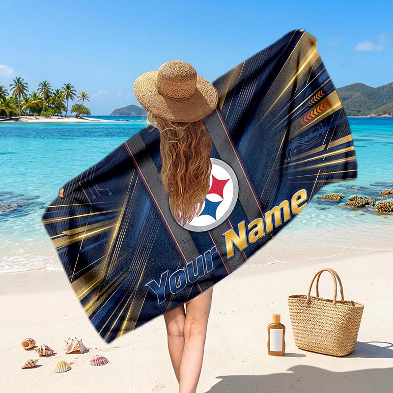 Pittsburgh Steelers Customized Name Text Beach Towel, Soft Absorbent Towel Beach Pool Travel Personal Gift