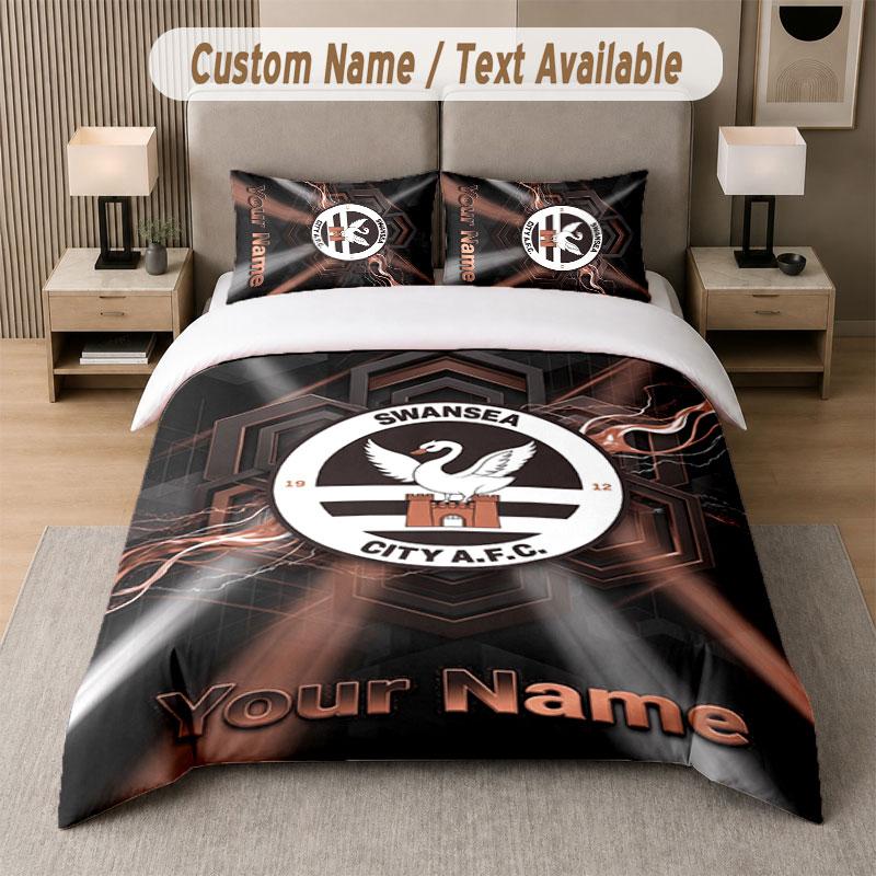 Custom Bedding Set Swansea City FC Pattern, Print Name Text 1 Duvet Cover plus 2 Pillowcases Home Textile