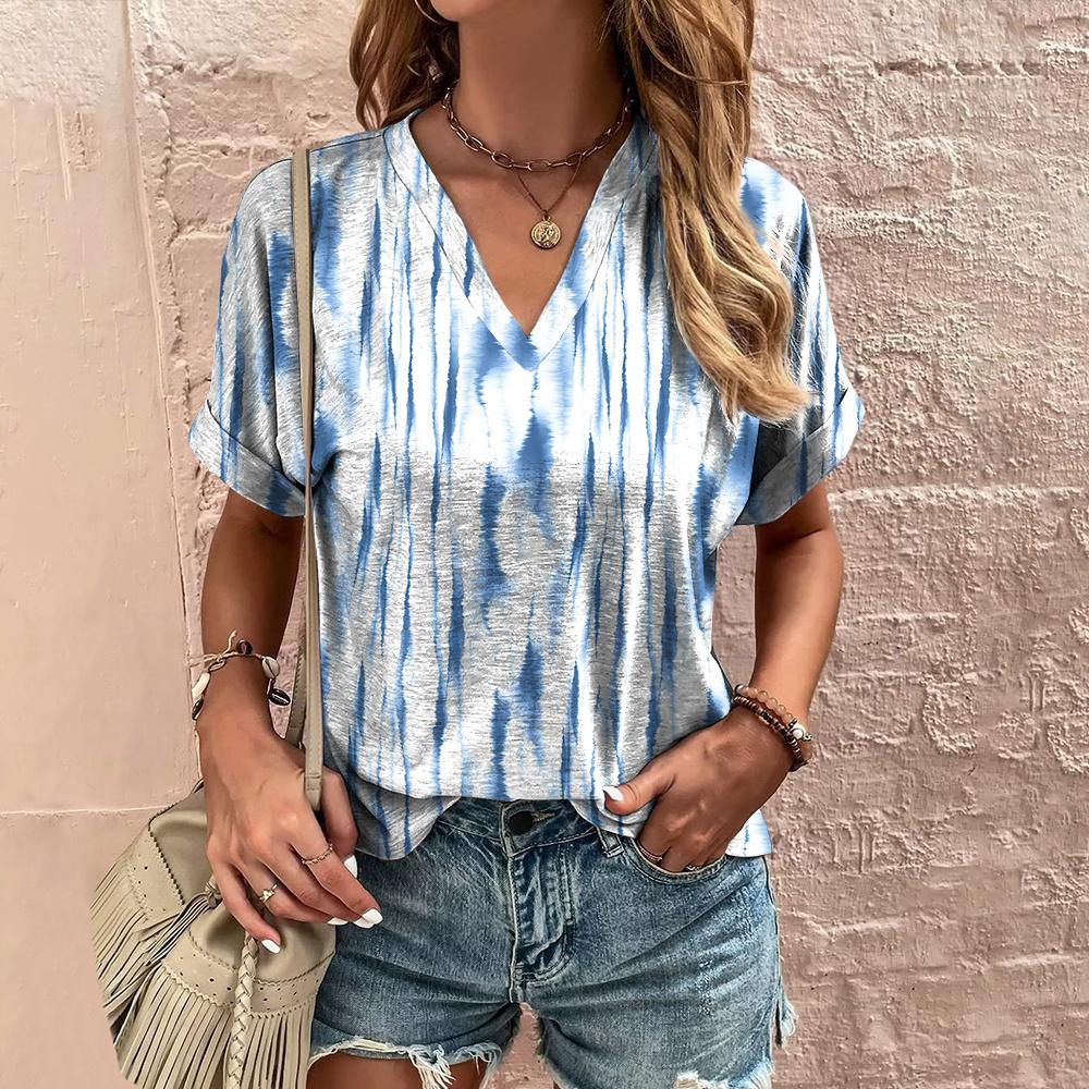 Летняя женская футболка с полосатым принтом, футболка в стиле тай-дай с коротким рукавом, женская одежда, V-образный вырез, свободная блузка, женские футболки
