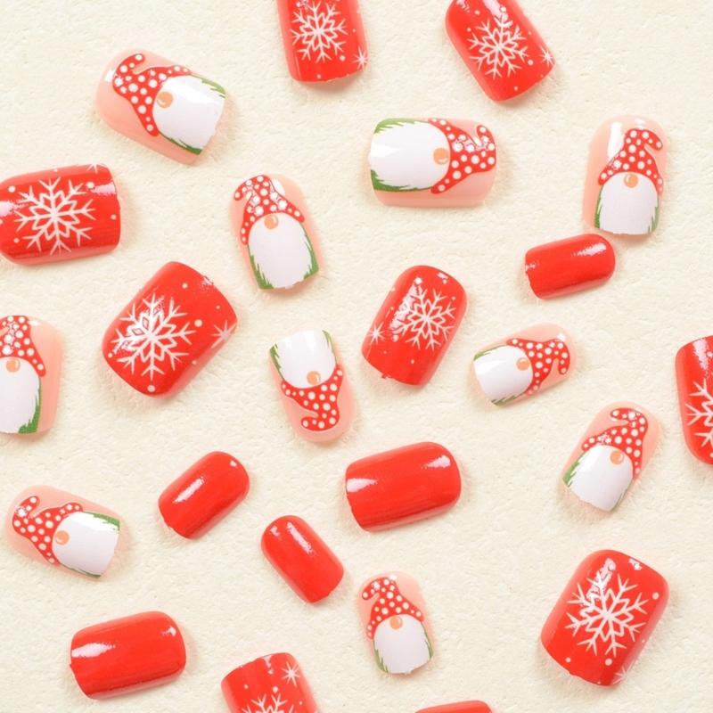 Christmas Press On Nails Short Square False Nails White Snowflake Full Cover Stick on Nails Santa Claus Artificial Nails