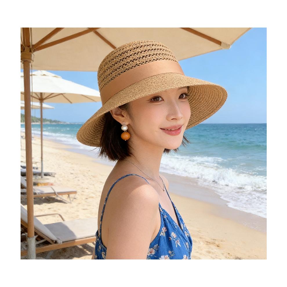 (One Size, Khaki) Women's Summer Straw Hat Wide Brim Beach Cap Outdoor Hollow Sun Hat with Bowknot