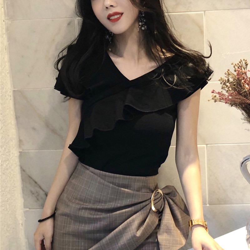 Women's Slash Neck Solid Short Sleeve Slim Ruffles T-Shirt