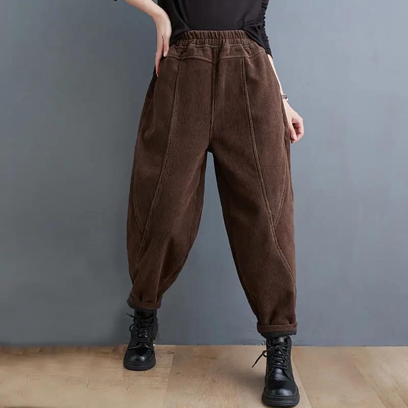 Women Thickened Fleece-Lined Corduroy Purple Harem Trousers For Middle-Aged Women Winter Style Mom's Peony Pants