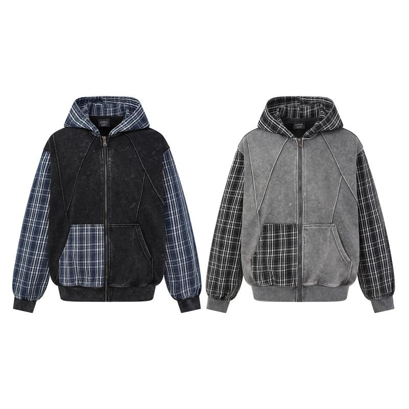 Magic Bear American Retro Plaid Stitched Hooded Sweatshirt Jacket Teenagers
