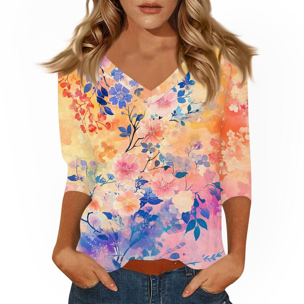 Women's Tops Three-quarter Sleeve Shirt V-neck Loose Casual Shirt Print T-shirt