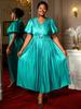 Shiny Pleated Plus Size Dress with Puff Sleeves and V Neck Ideal for Evening Events Cocktail Party and Elegant Special Occasions