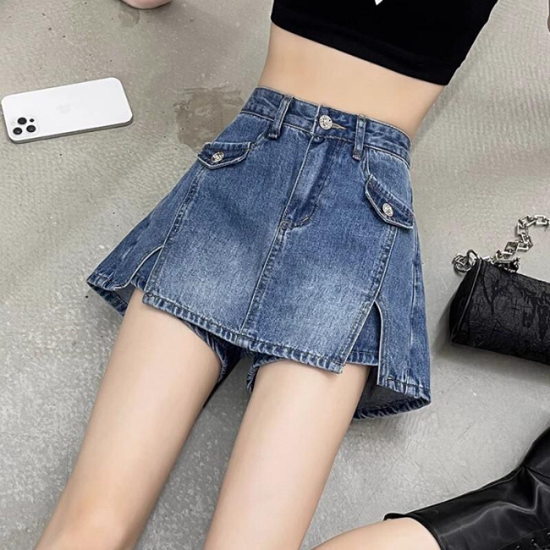 High Waist Denim Shorts Women Vintage Style Wide Leg Cropped Pants Slim Fit Casual Wear