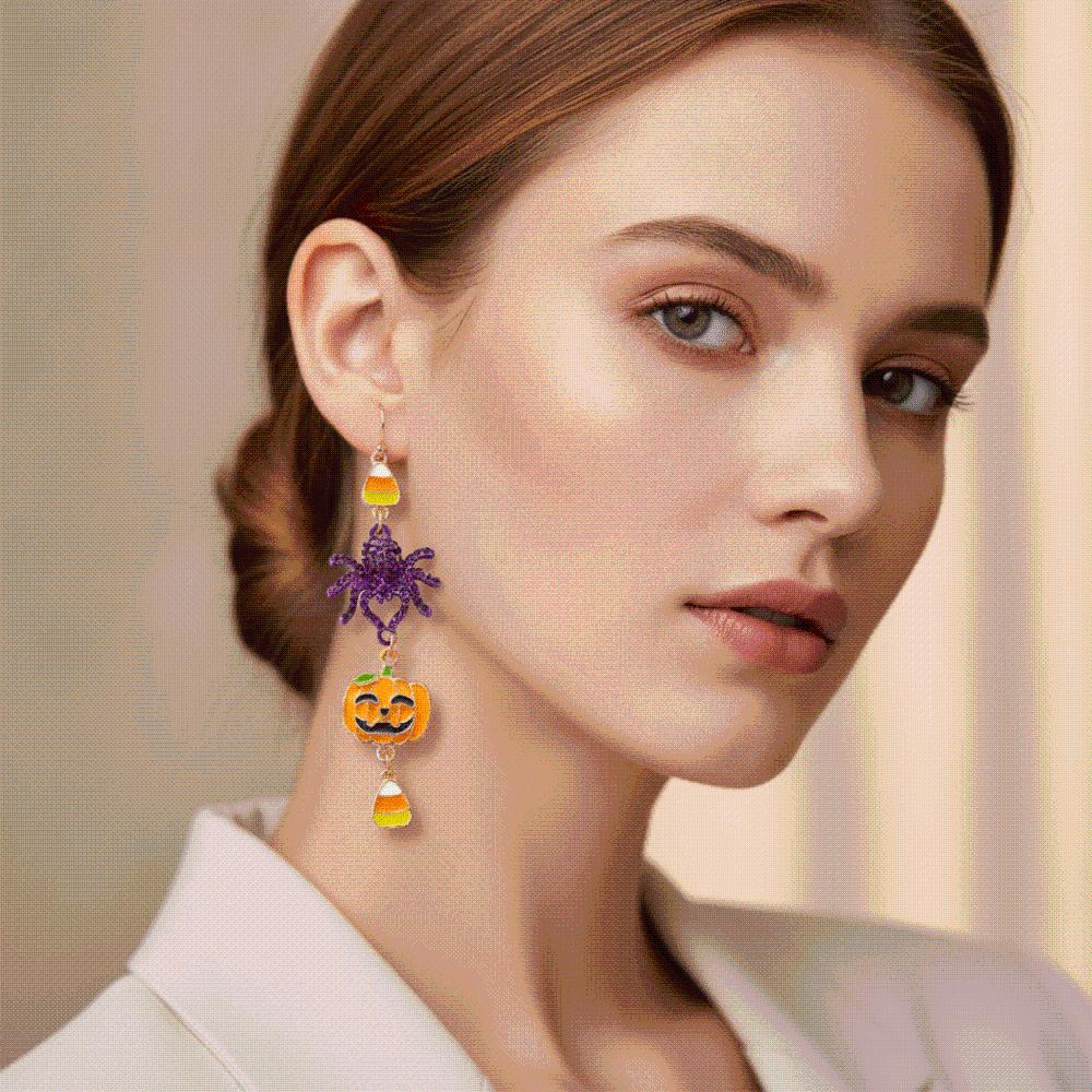 Beaded Asymmetric Dangle Earrings Enamel Metal Witch Hat Ear Studs Holiday Gift