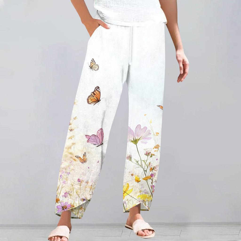 Брюки женские летние повседневные широкие брюки с эластичной резинкой на талии и карманами