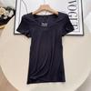 MD Women's Gray Basic Style Minimalist Slimming Gray Short Sleeve Low Round Neck T-shirt 06852578812