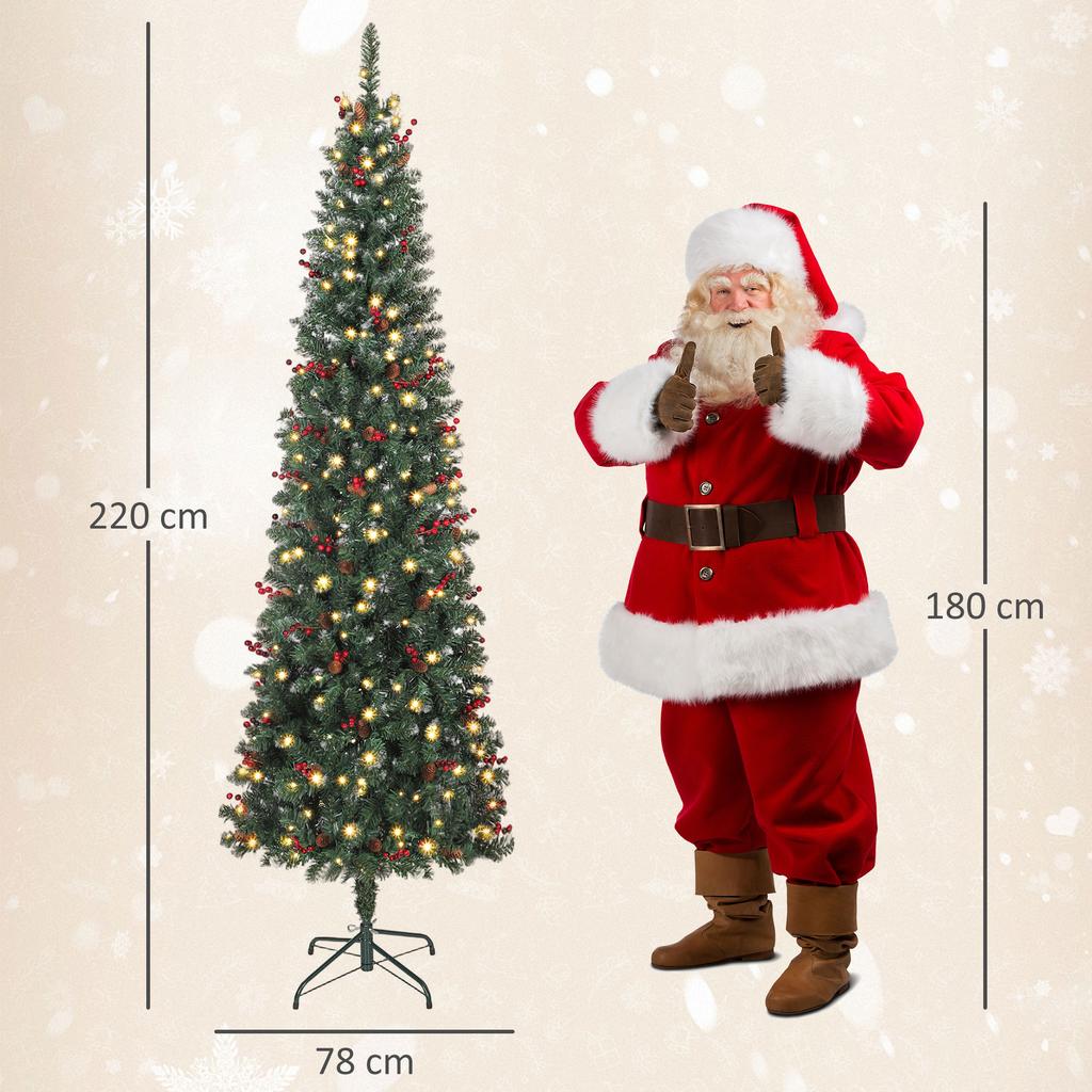 Artificial Narrow Christmas Tree 230cm with LED Lights, 7 Lighting Modes, 761 Branches, Pinecones, Berries and Green Stand