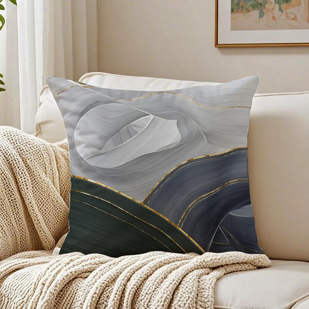 Blue Gold Wave-Shaped Pattern Pillow Case Double-Sided Plush Sofa Cushion Covers Organic Breathable Invisible Zipper