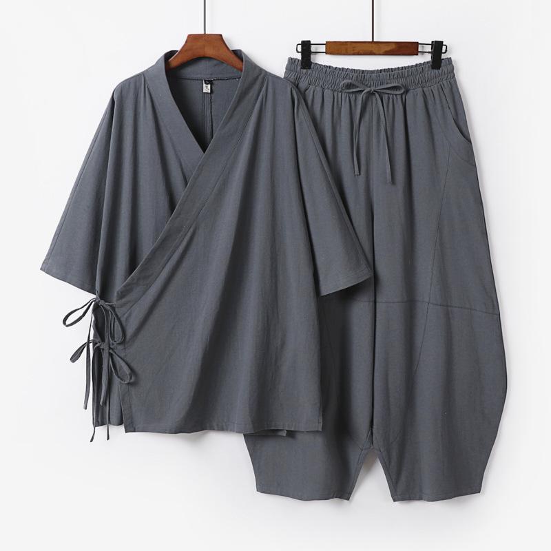 Большие размеры S-9XL Мужской японский кардиган-кимоно Комплект брюк Хлопок Лен Костюм самурая Харадзюку Свободная куртка Костюм