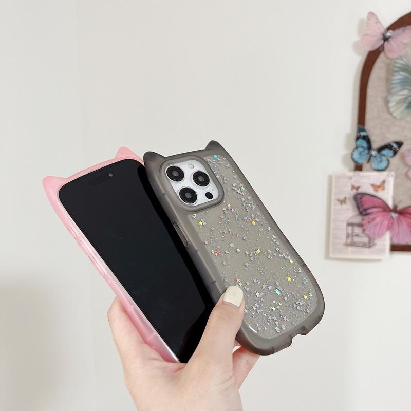 Glitter Clear Cat Ear Design Phone Shell For iPhone 15 Pro Max 14 Plus 13 12 Pro 11 Luxury Matte Silicone Shockproof Soft Case Cover