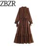 Za Новая Осенняя Женская Одежда 2025 Мода Ветер Мода Элегантная Отделка в Виде Листьев Лотоса Ленточный Пояс Платье с Длинными Рукавами с Контролем Талии