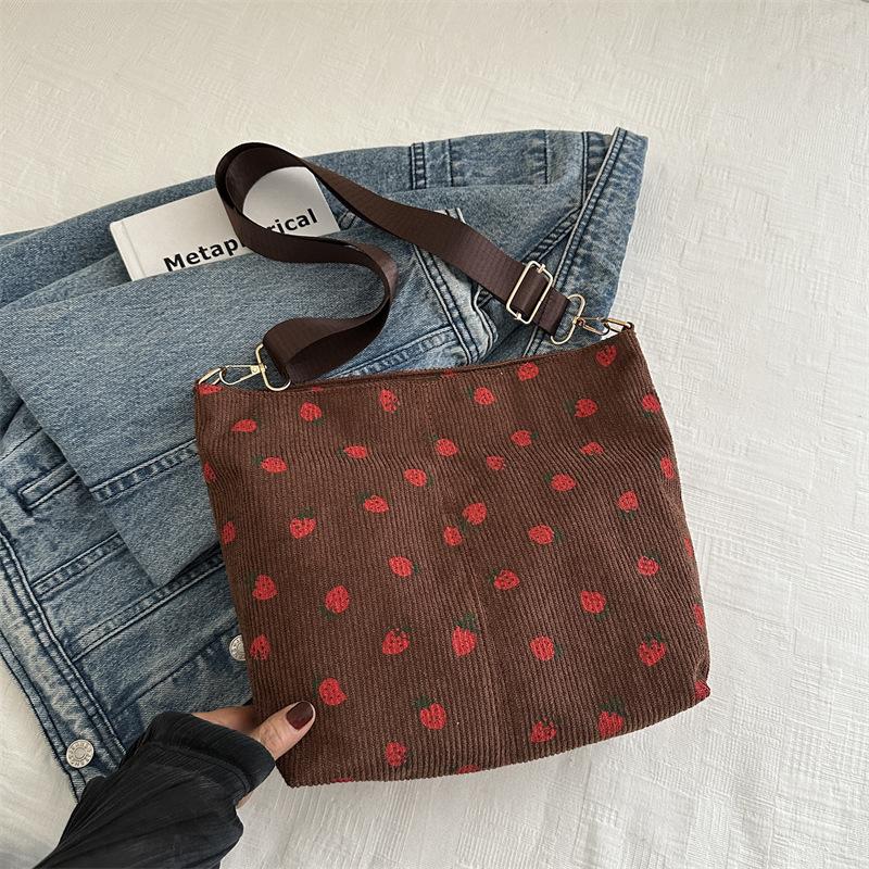 Popular Corduroy Strawberry Printed Bag Women'S Summer Shoulder Messenger Bag Bucket Bag
