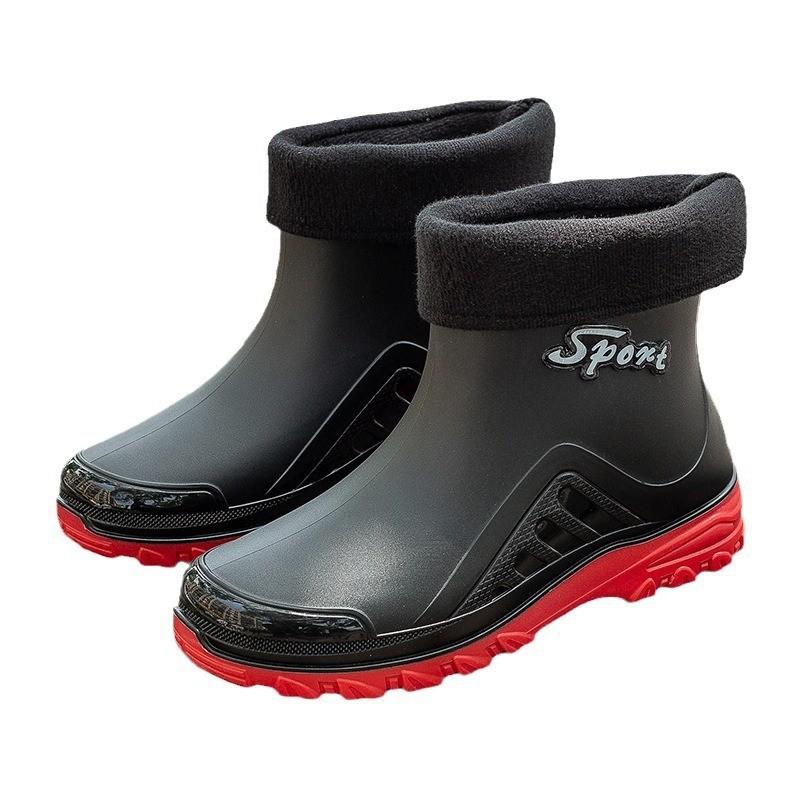 Модные дождевые ботинки мужские короткие водонепроницаемые ботинки флисовые теплые кухонные рыболовные нескользящие резиновые ботинки мода