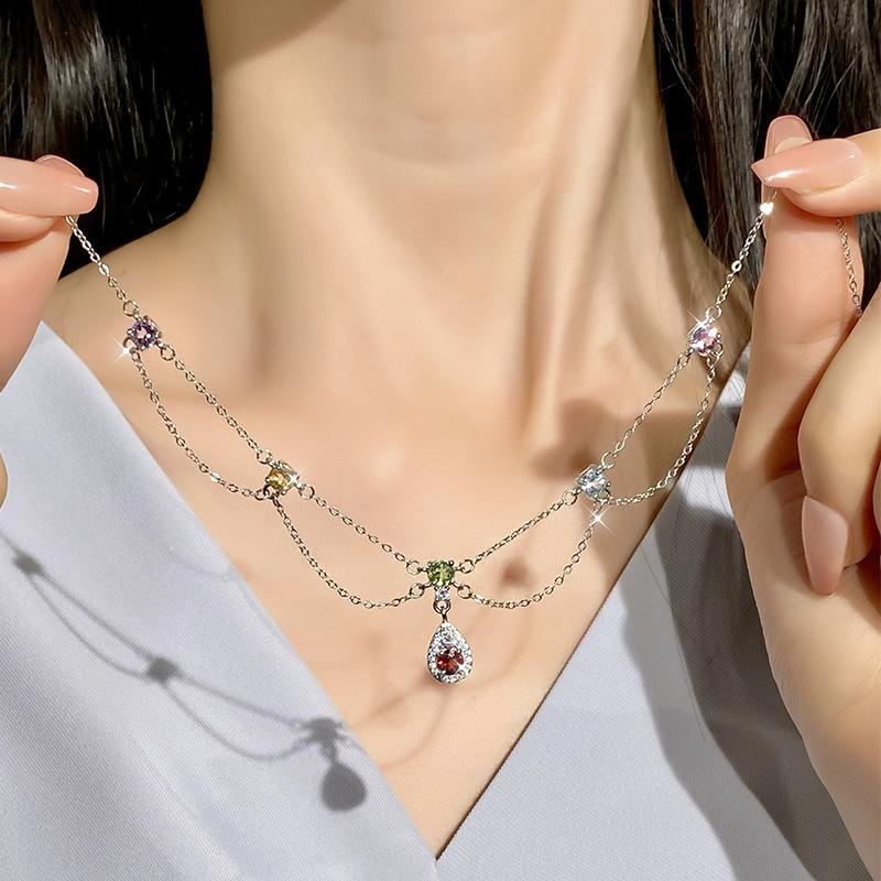 Natural crystal stone rainbow inlaid necklace S925 sterling silver collarbone chain high-end temperament fashion retro jewelry gift