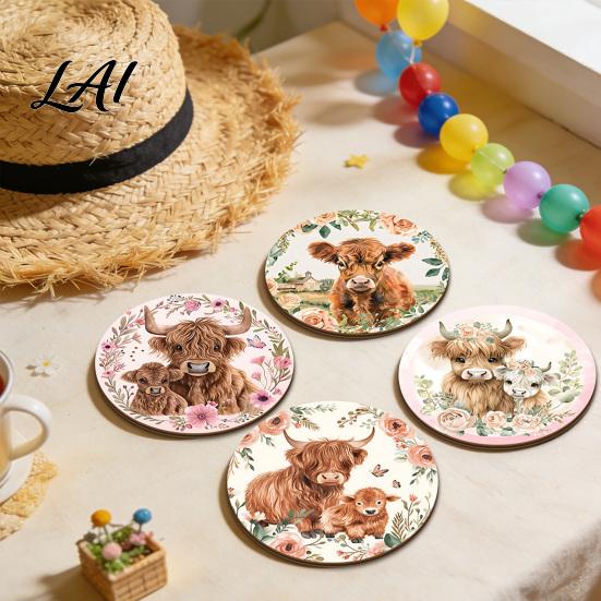 Thermal Insulation Countertop Protectors Highland Cow Cork Coasters Cute Floral Farmhouse Drink Mats with Scratch Resistant Desktop Pads Non-Slip