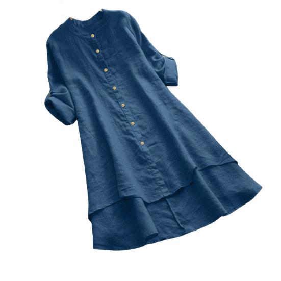 Rollup Women Neck Round Shirt Long Sleeve Buttons Placket Shirt Solid Color