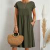 Весенне-летние женские хлопковые льняные платья большого размера, однотонное повседневное платье с коротким рукавом и круглым вырезом